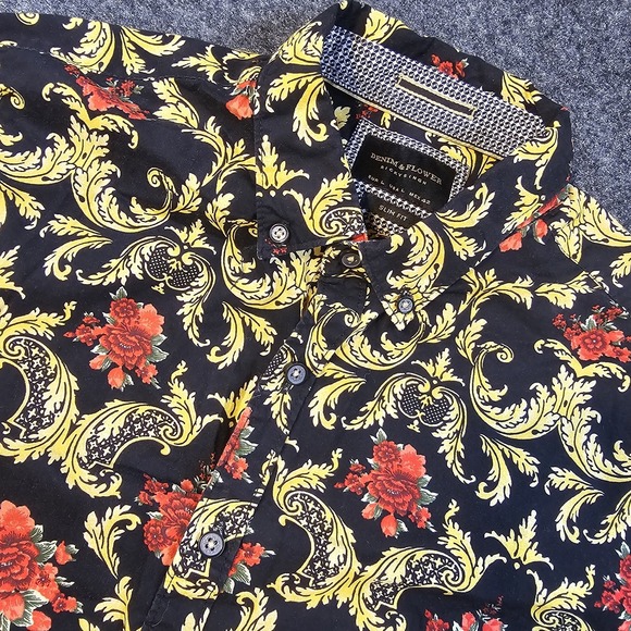 Denim & Flower Other - Denim & Flower Ricky Singh Shirt Mens Large Slim Fit Black Gold Floral Paisley